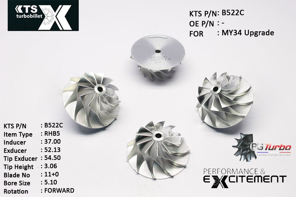 Turbo ROUE FORGÉE MFS PERFORMANCE - 11+0 PALES - INDUCER : 37 - EXDUCER : 52,13 - TYPE : RHB5ANGLE : 65° - ROTATION : Forward - SUPER BACK : 0 - BORE SIZE : 5,1
